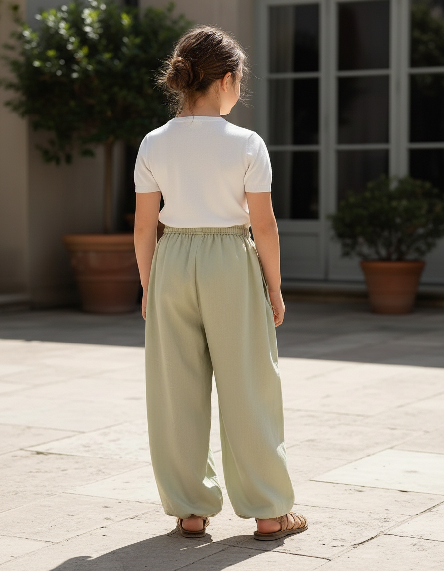 Pantalon En Lin Vert Ample Décontracté Cordon Fille - vue 2
