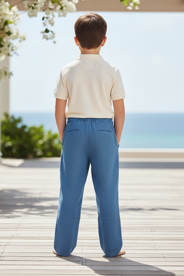 Pantalon En Lin Bleu Enfant Ample Cordon Décontracté - vue 2