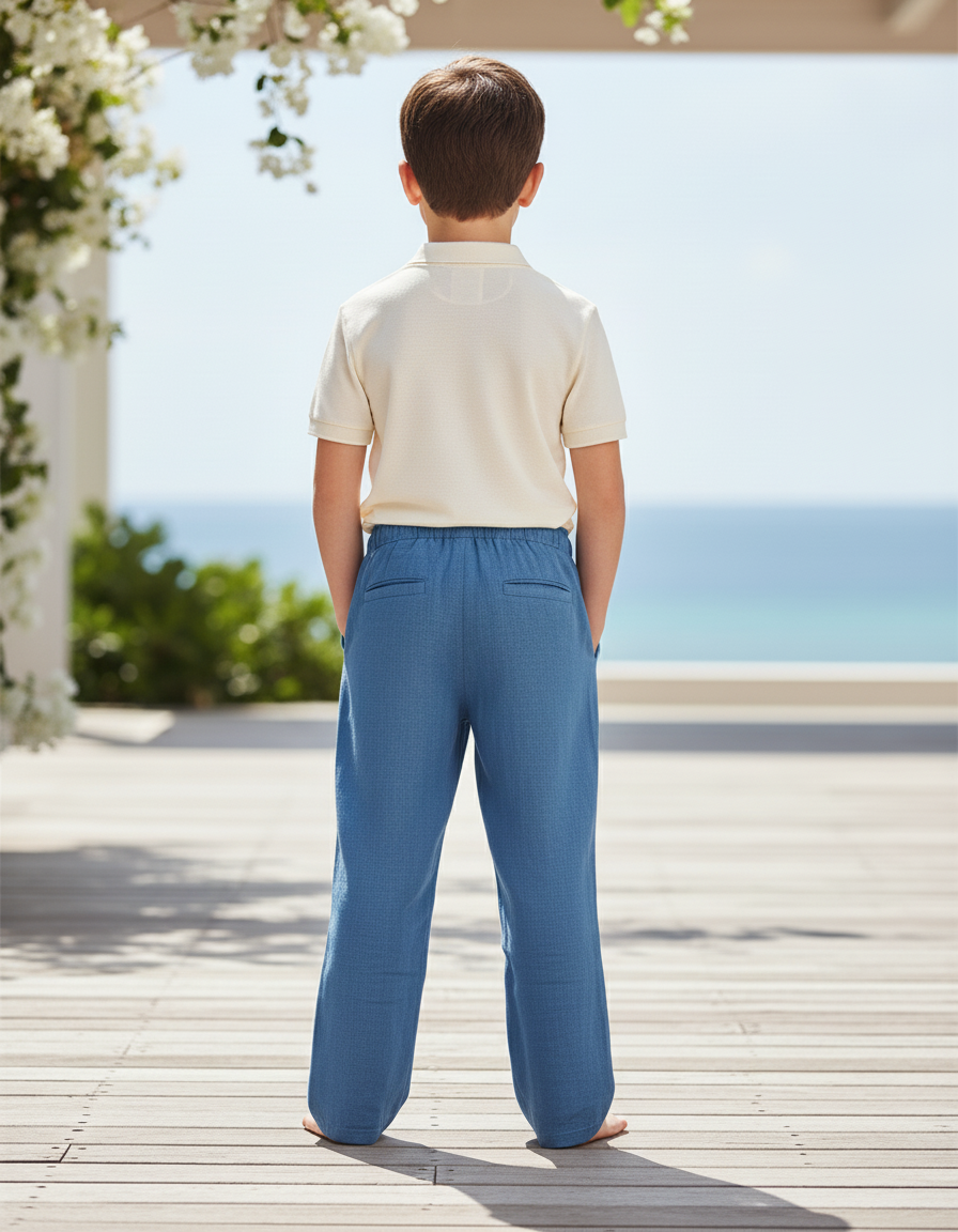 Pantalon En Lin Bleu Enfant Ample Cordon Décontracté - vue 2