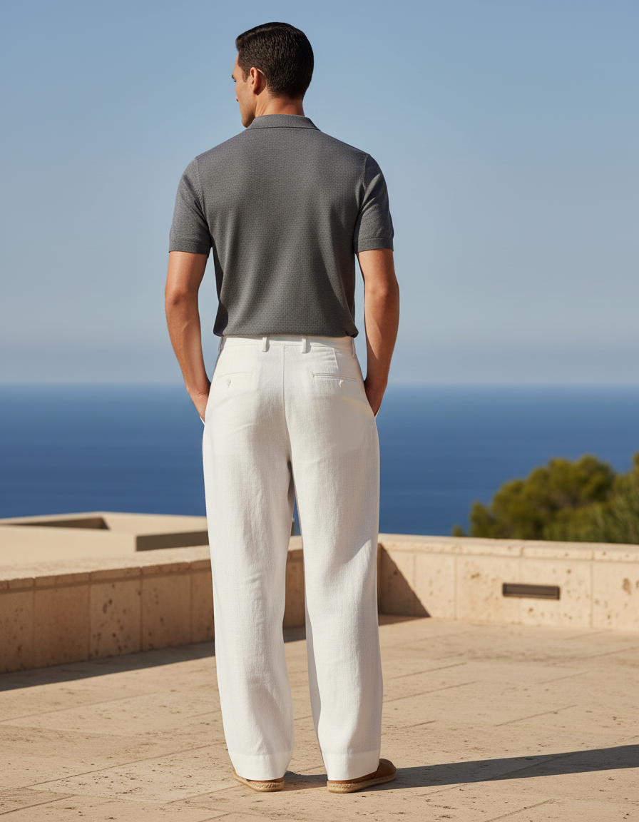 Pantalon En Lin Blanc Plissé Ample Homme Élégant - vue 2
