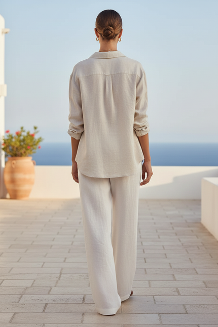 Pantalon En Lin Écru Ample Fluide Élégant Femme - Blanc - vue 2