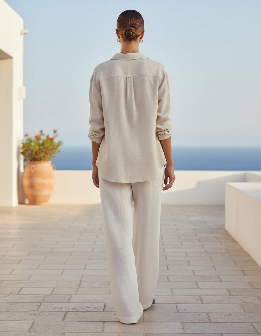 Pantalon En Lin Écru Ample Fluide Élégant Femme - Blanc - vue 2