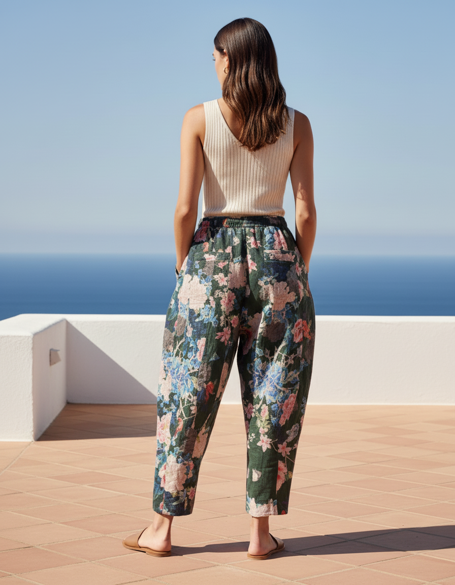 Pantalon En Lin Fleuri Ample Vert Imprimé Bohème - vue 2