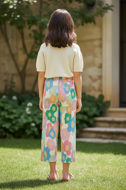 Pantalon En Lin Plissé Fleurs Multicolores Ample Fille - vue 2