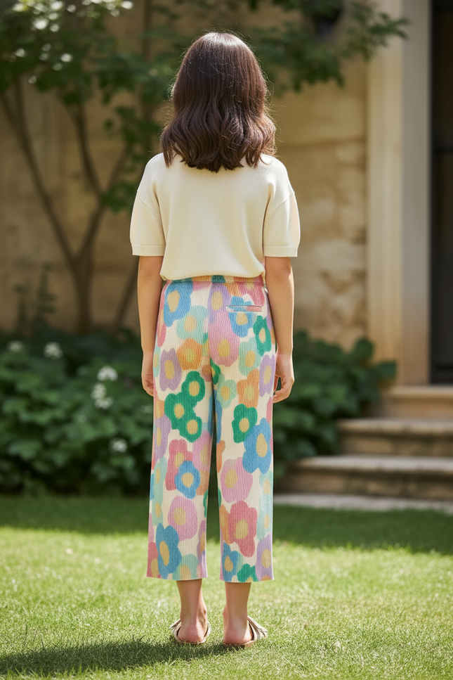 Pantalon En Lin Plissé Fleurs Multicolores Ample Fille - vue 2