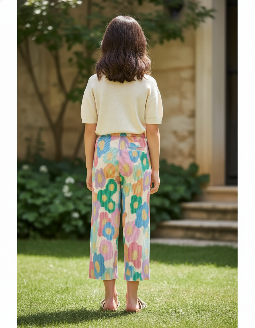 Pantalon En Lin Plissé Fleurs Multicolores Ample Fille - vue 2