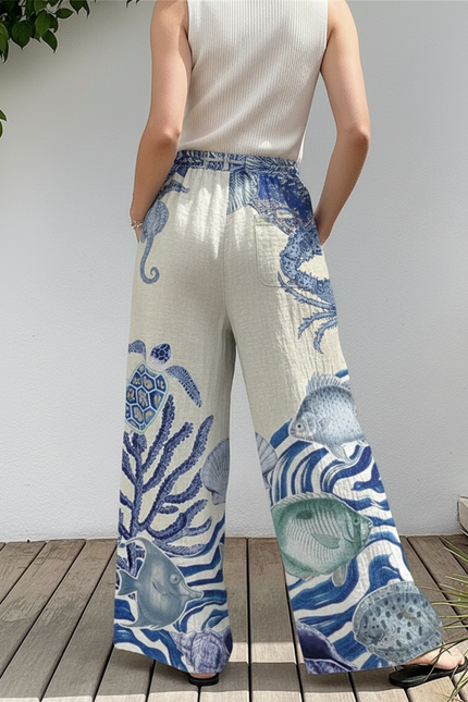 Pantalon En Lin Ample Imprimé Marin Bleu Décontracté - vue 2