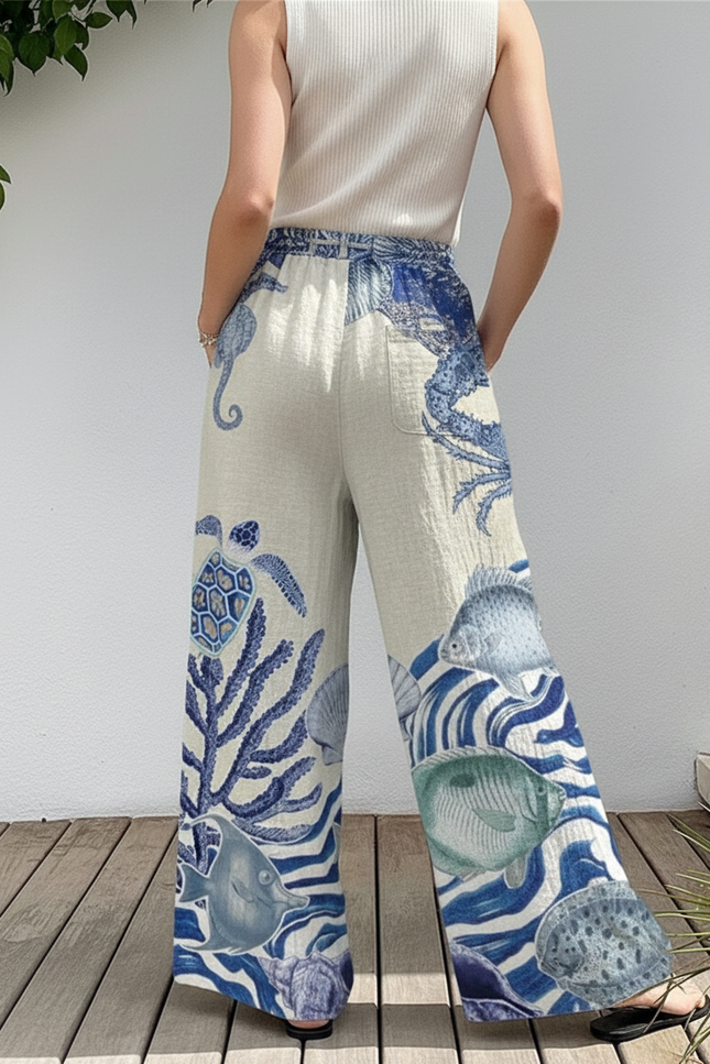 Pantalon En Lin Ample Imprimé Marin Bleu Décontracté - vue 2
