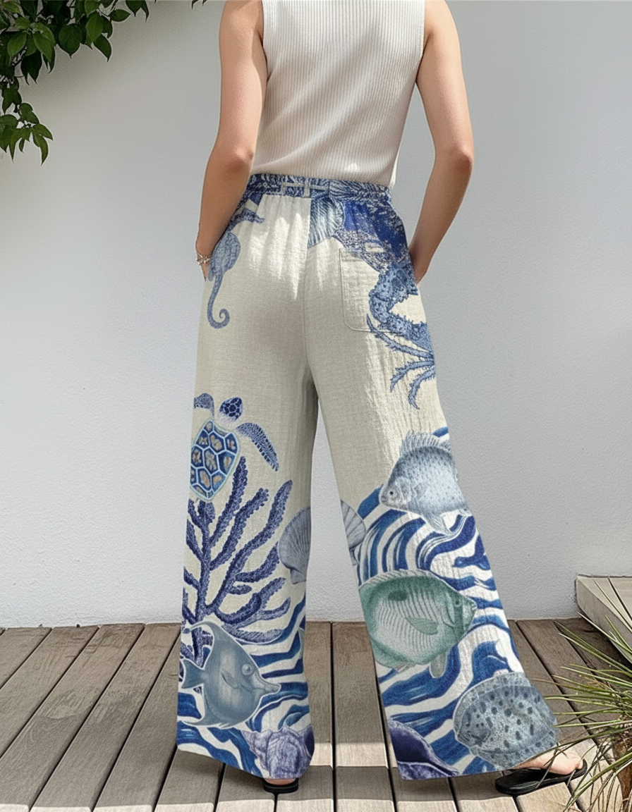 Pantalon En Lin Ample Imprimé Marin Bleu Décontracté - vue 2