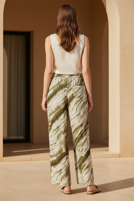 Pantalon En Lin Imprimé Vert Ample Fluide Estival - vue 2