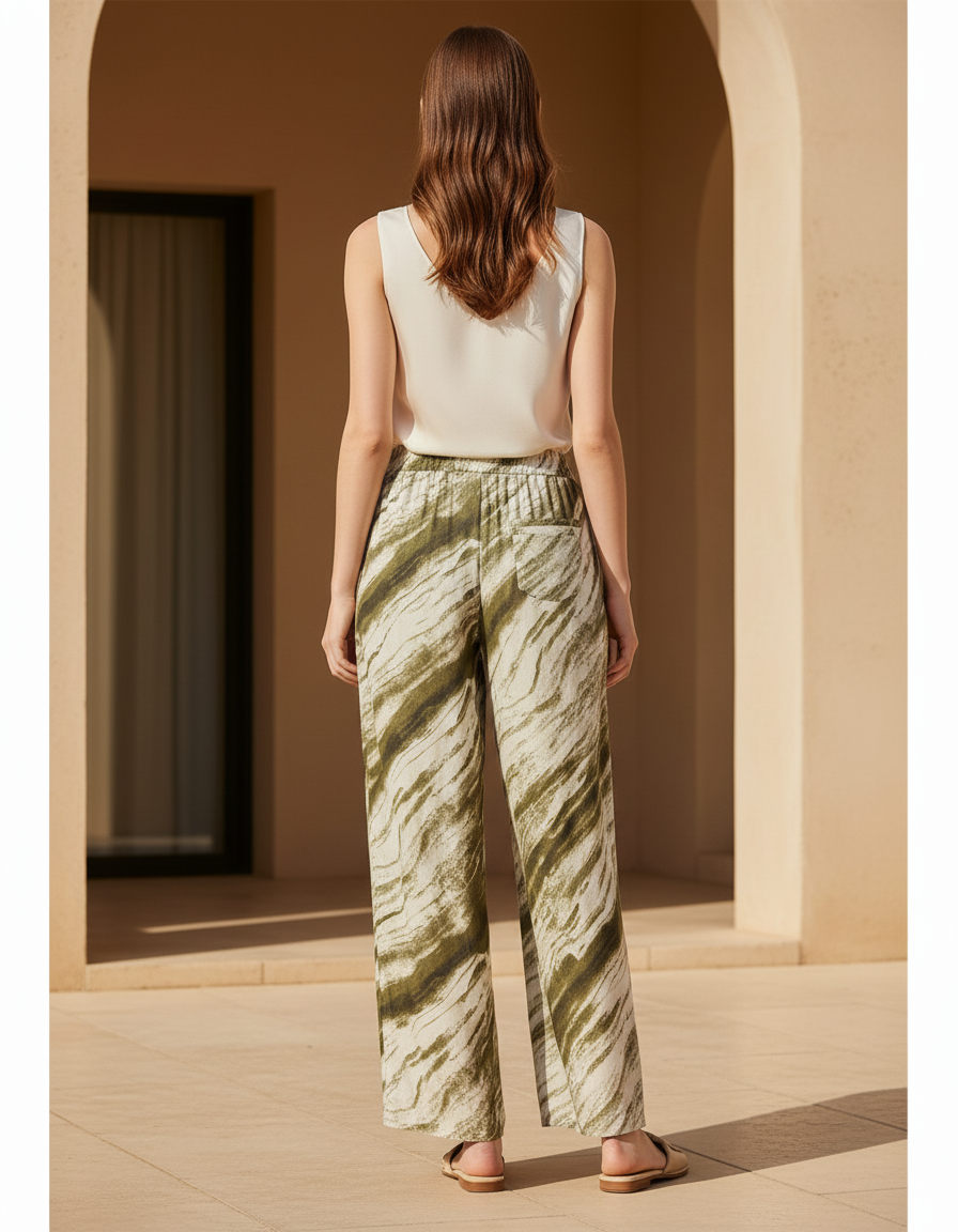 Pantalon En Lin Imprimé Vert Ample Fluide Estival - vue 2