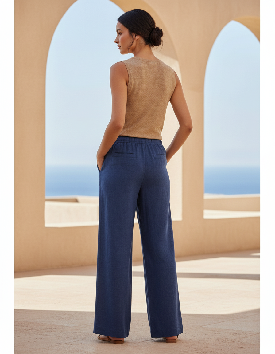 Pantalon En Lin Bleu Ample Femme Élastique Casual - vue 2