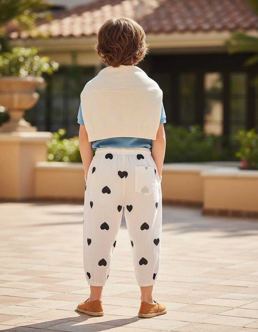 Pantalon En Lin Blanc Cœurs Noirs Garçon Estival - vue 2