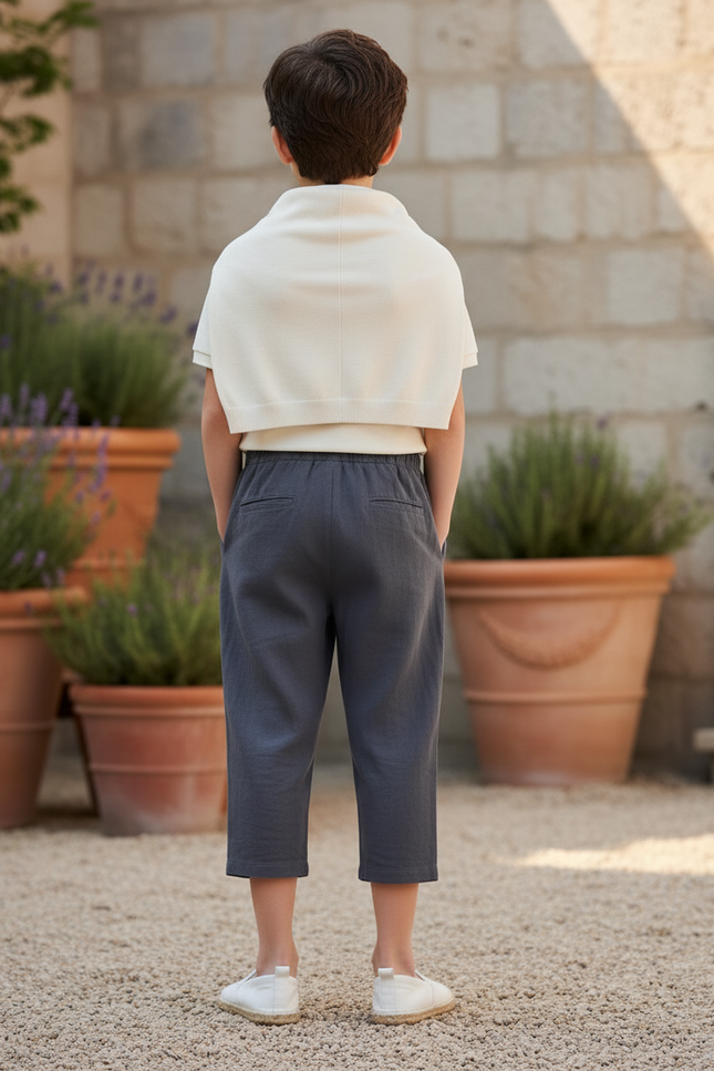 Pantalon En Lin Gris Court Ample Cordon Garçon - vue 2