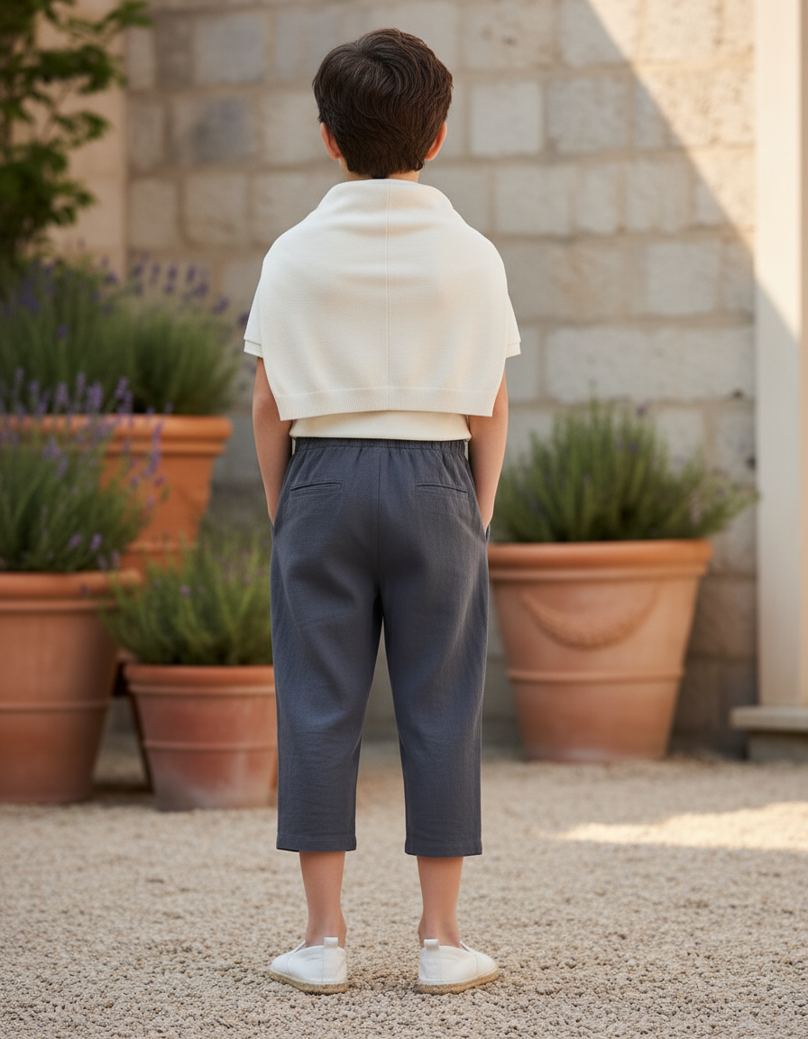 Pantalon En Lin Gris Court Ample Cordon Garçon - vue 2