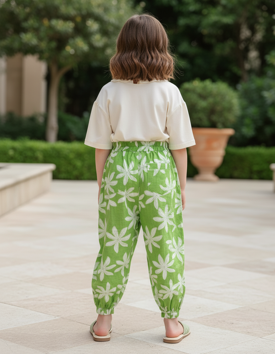 Pantalon En Lin Vert Fleuri Ample Fille Estival - vue 2