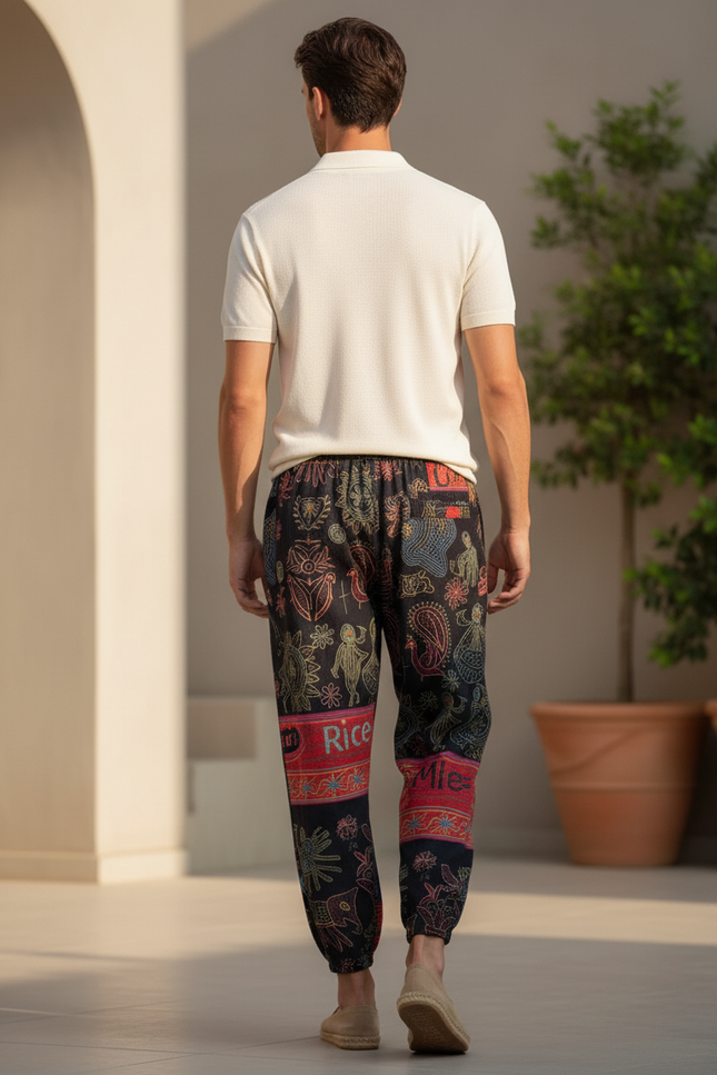 Pantalon En Lin Noir Imprimé Ethnique Ample Harem Homme - vue 2