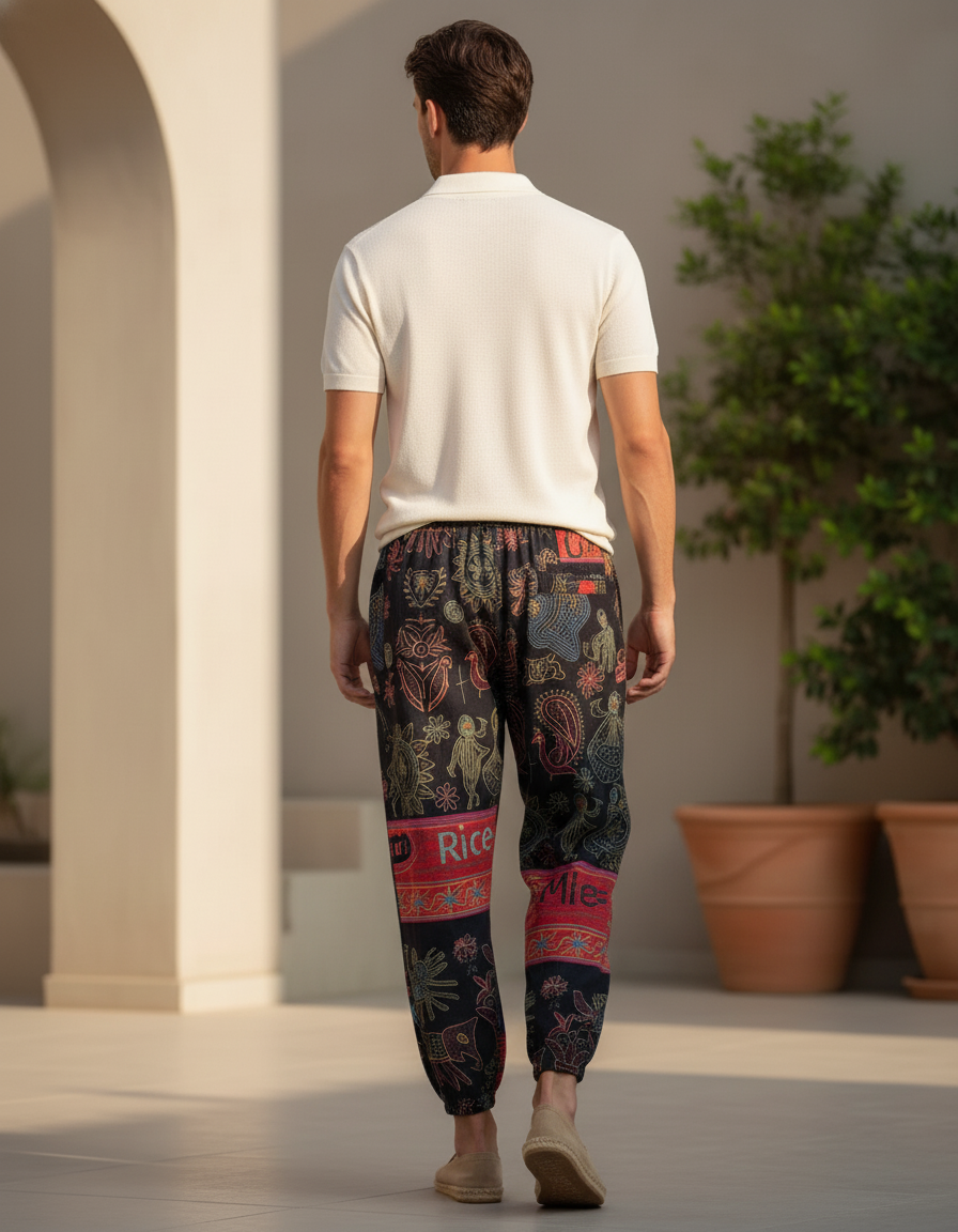 Pantalon En Lin Noir Imprimé Ethnique Ample Harem Homme - vue 2