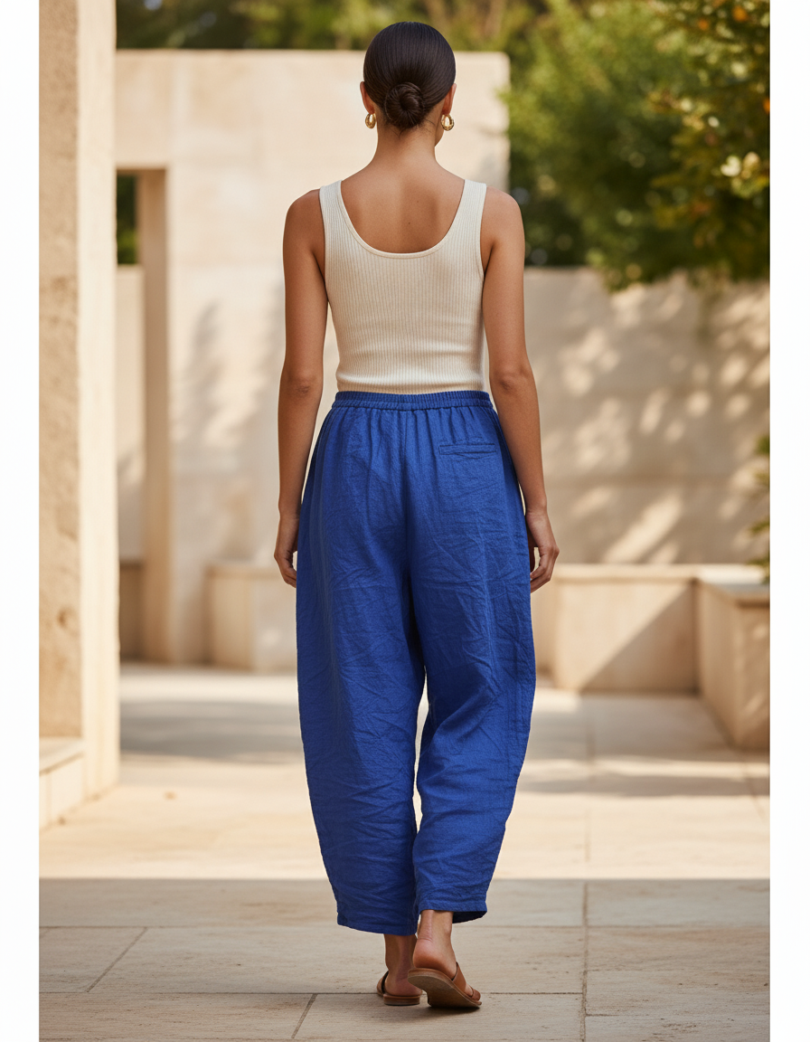 Pantalon En Lin Ample Bleu Taille Élastique Femme - vue 2