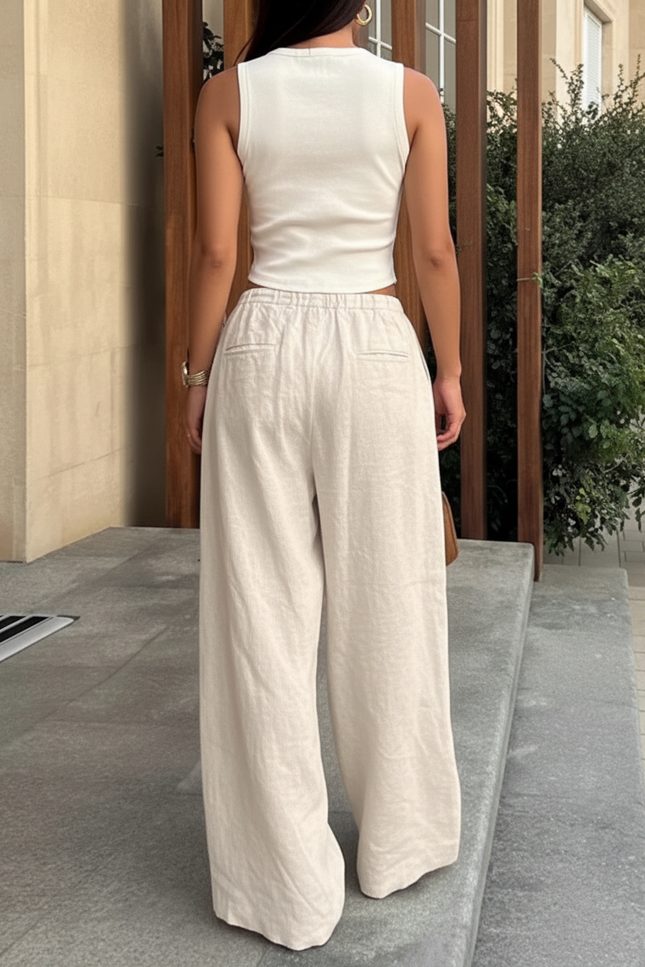 Pantalon En Lin Ample Fluide Taille Haute Beige - vue 2