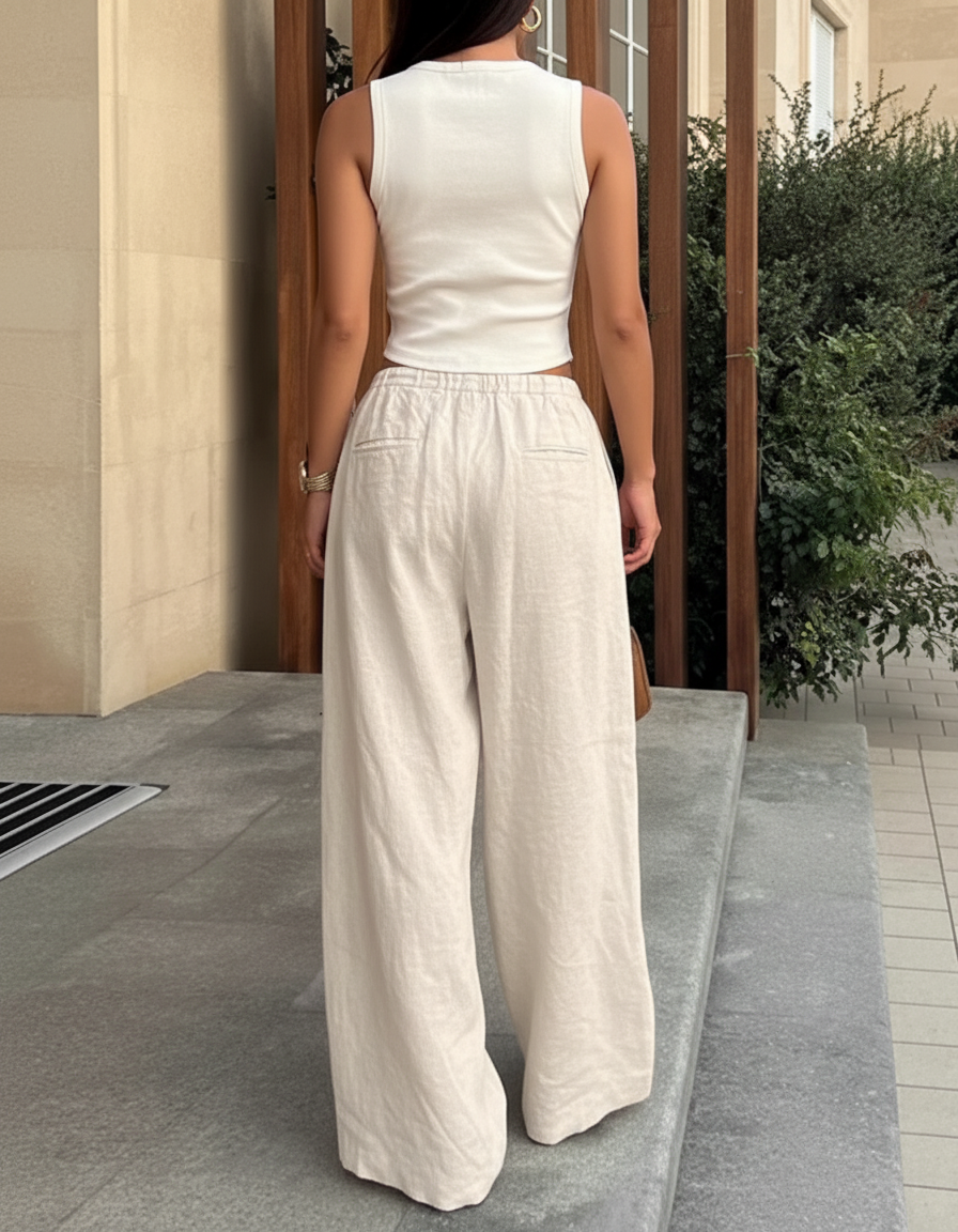 Pantalon En Lin Ample Fluide Taille Haute Beige - vue 2