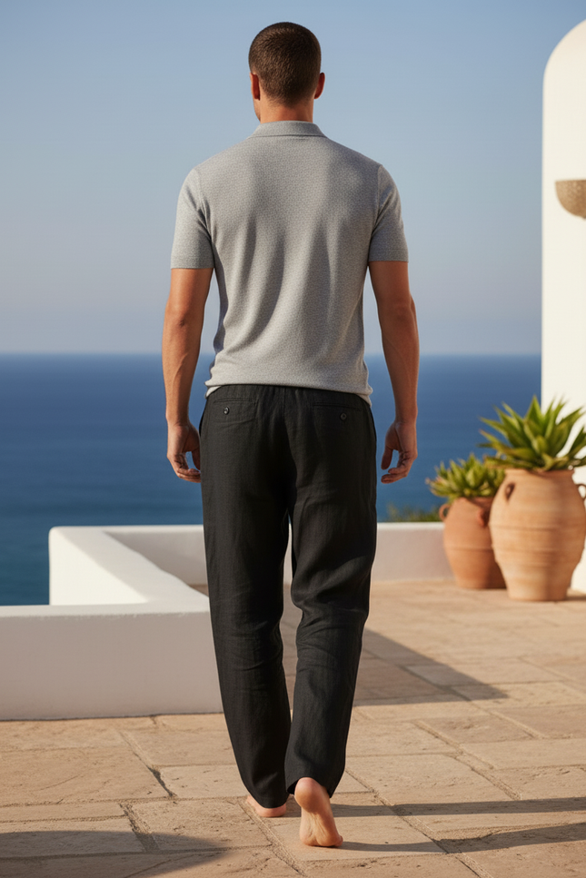 Pantalon En Lin Noir Ample Décontracté Homme Cordon - vue 2