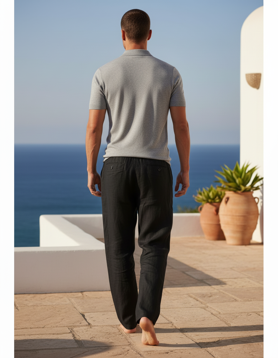 Pantalon En Lin Noir Ample Décontracté Homme Cordon - vue 2