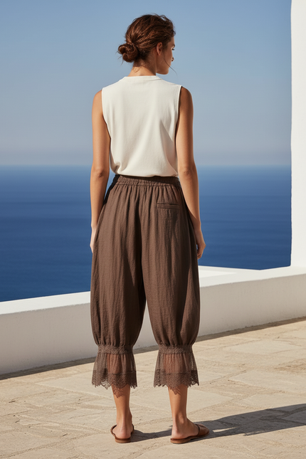 Pantalon En Lin Marron Ample Dentelle Cordon Femme - vue 2