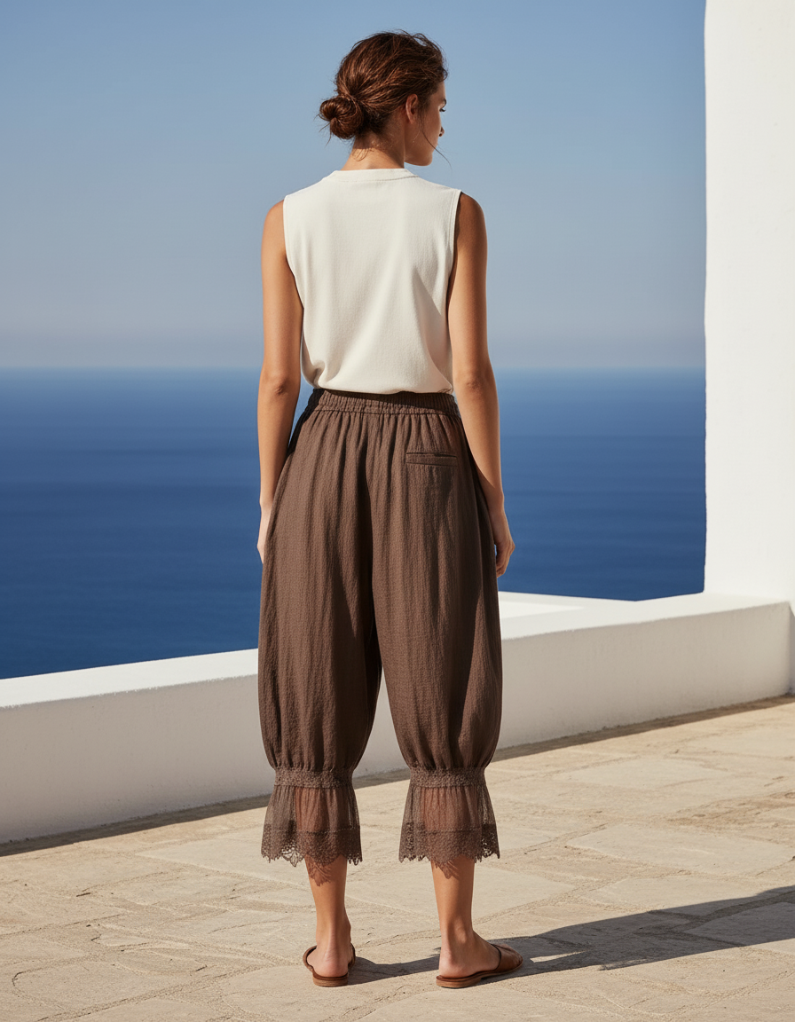Pantalon En Lin Marron Ample Dentelle Cordon Femme - vue 2