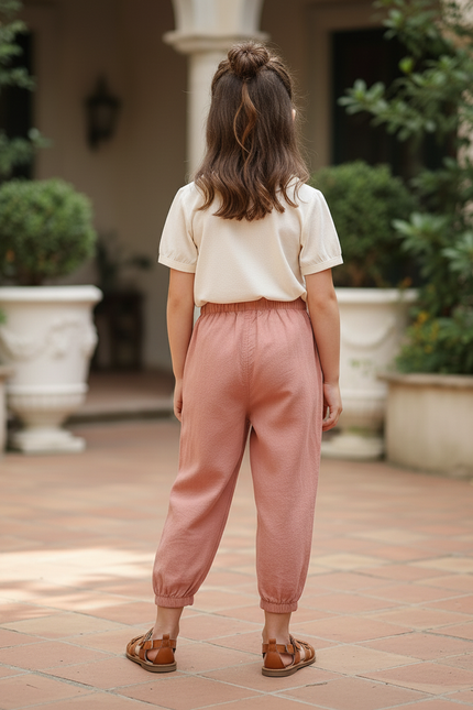 Pantalon En Lin Rose Ample Élastiqué Enfant Confortable - vue 2