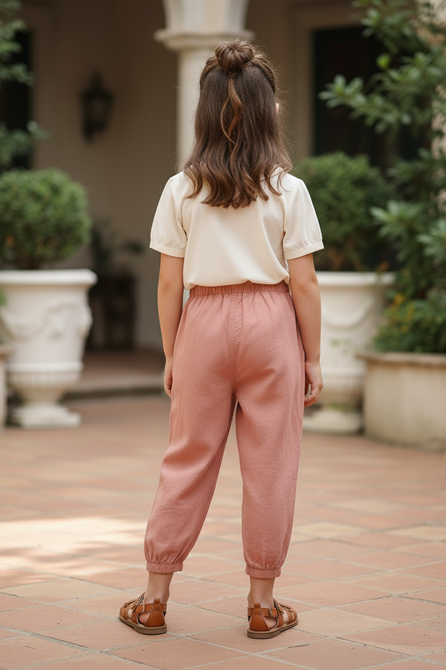 Pantalon En Lin Rose Ample Élastiqué Enfant Confortable - vue 2