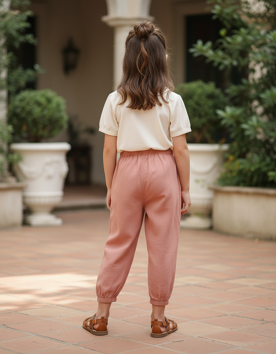 Pantalon En Lin Rose Ample Élastiqué Enfant Confortable - vue 2