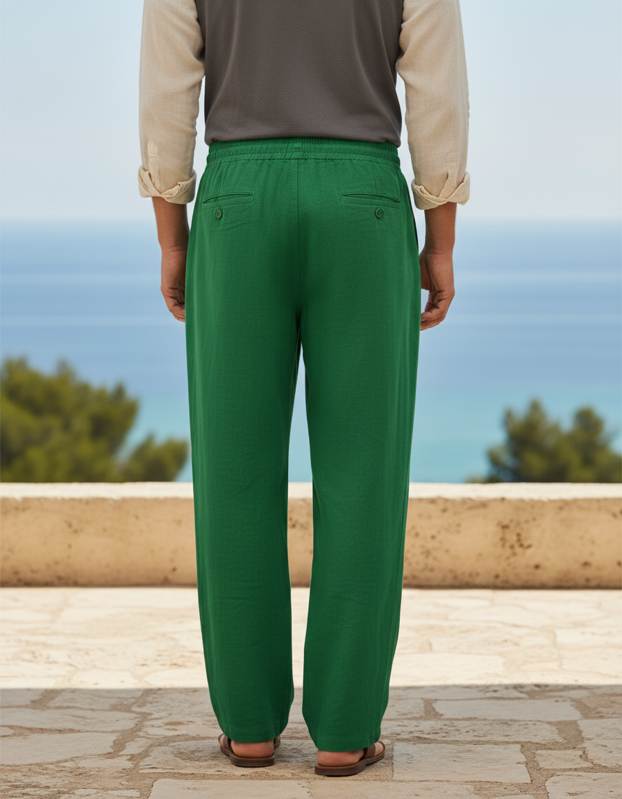 Pantalon En Lin Homme Vert Coupe Ample - vue 2