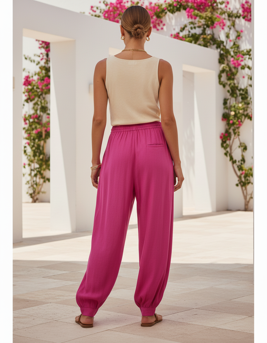 Pantalon En Lin Fushia Ample Décontracté Fluide Femme - Rose - vue 2