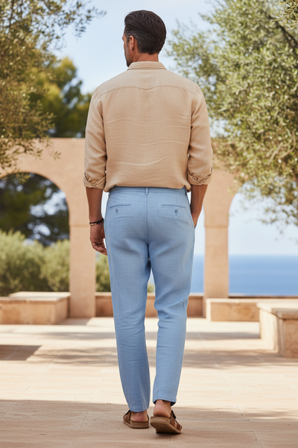 Pantalon En Lin Homme Bleu Ciel Décontracté Cordon Léger - vue 2
