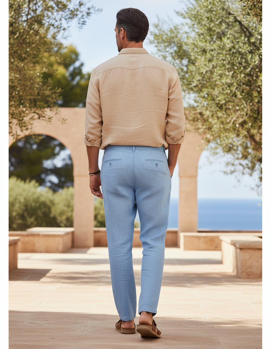 Pantalon En Lin Homme Bleu Ciel Décontracté Cordon Léger - vue 2