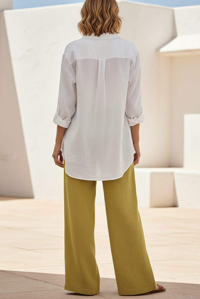 Pantalon En Lin Ample Vert Olive Poches Plaquées - vue 2