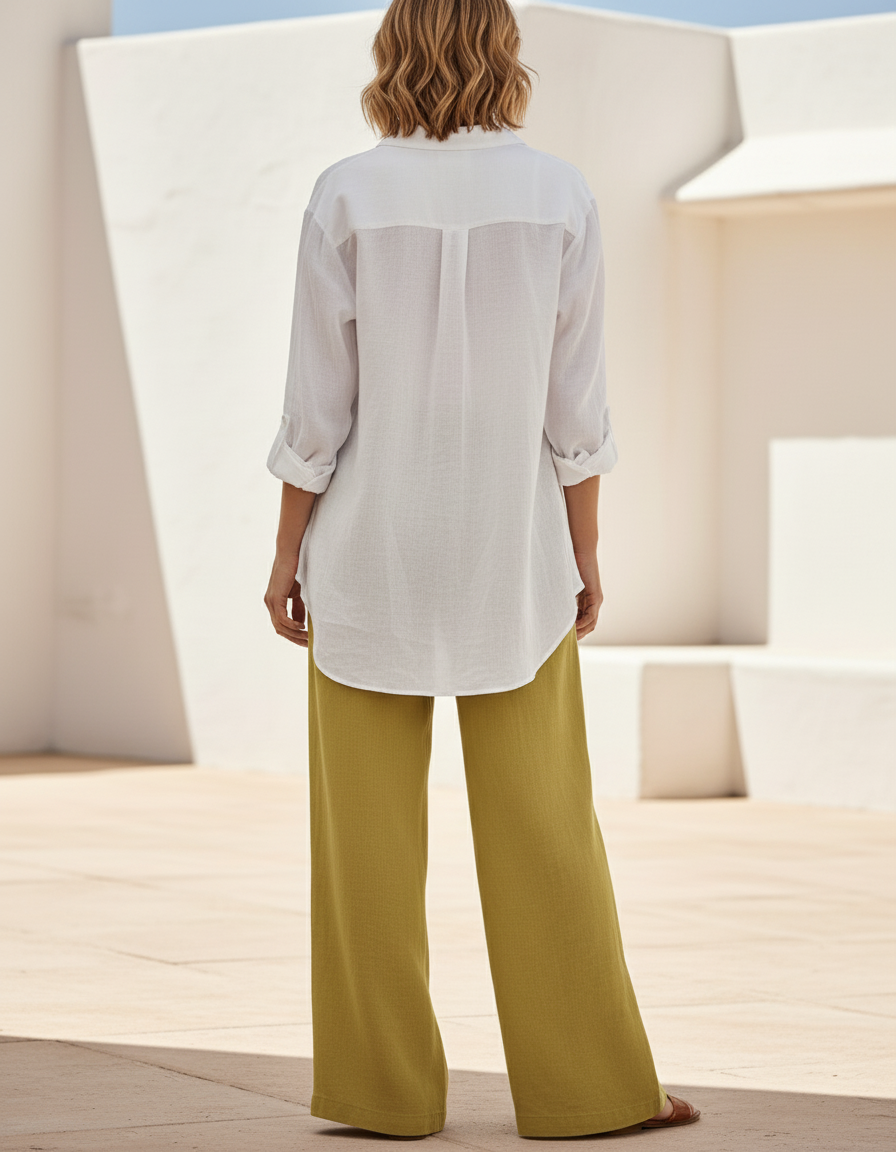 Pantalon En Lin Ample Vert Olive Poches Plaquées - vue 2