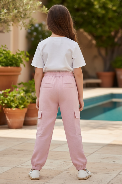 Pantalon En Lin Rose Cargo Décontracté Fille - vue 2