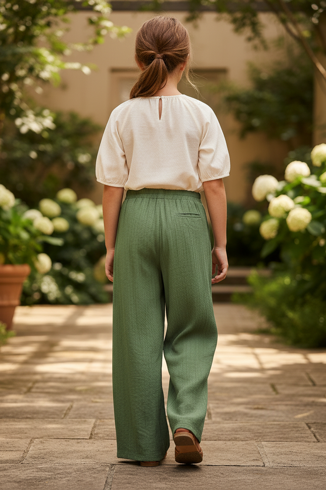 Pantalon En Lin Vert Ample Fluide Cordon Décontracté - vue 2