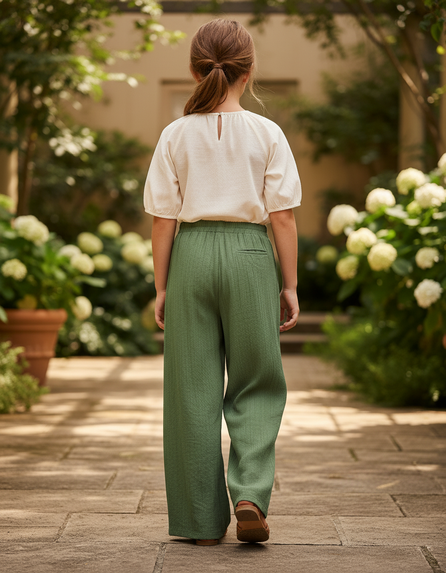 Pantalon En Lin Vert Ample Fluide Cordon Décontracté - vue 2
