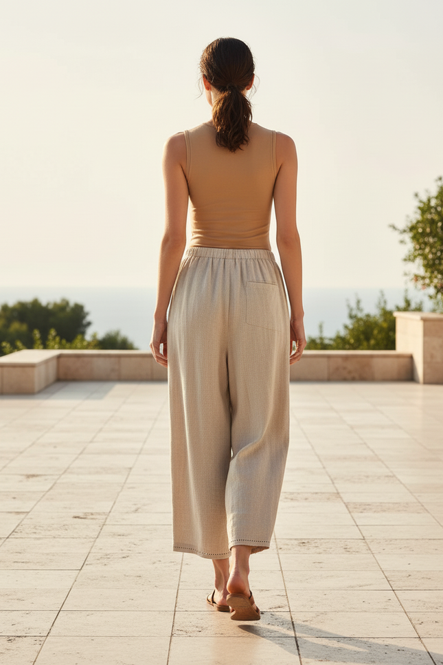 Pantalon En Lin Beige Ample Décontracté Patchwork Bohème - vue 2