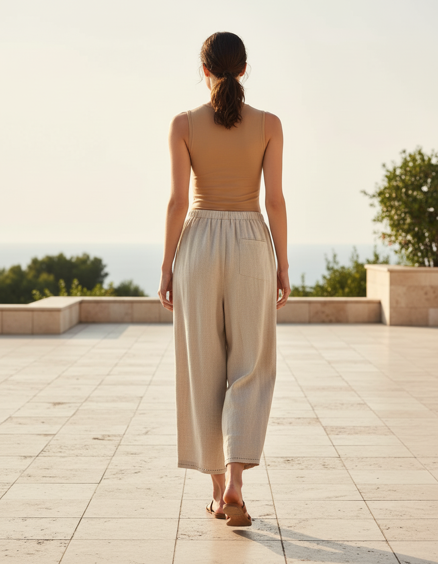 Pantalon En Lin Beige Ample Décontracté Patchwork Bohème - vue 2