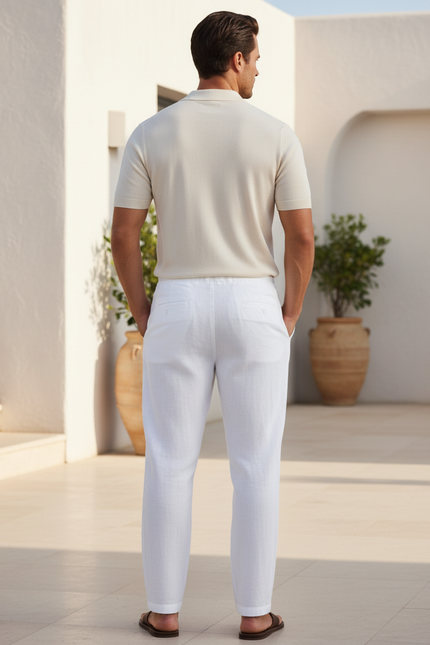 Pantalon En Lin Blanc Décontracté Léger Cordon Droit - vue 2