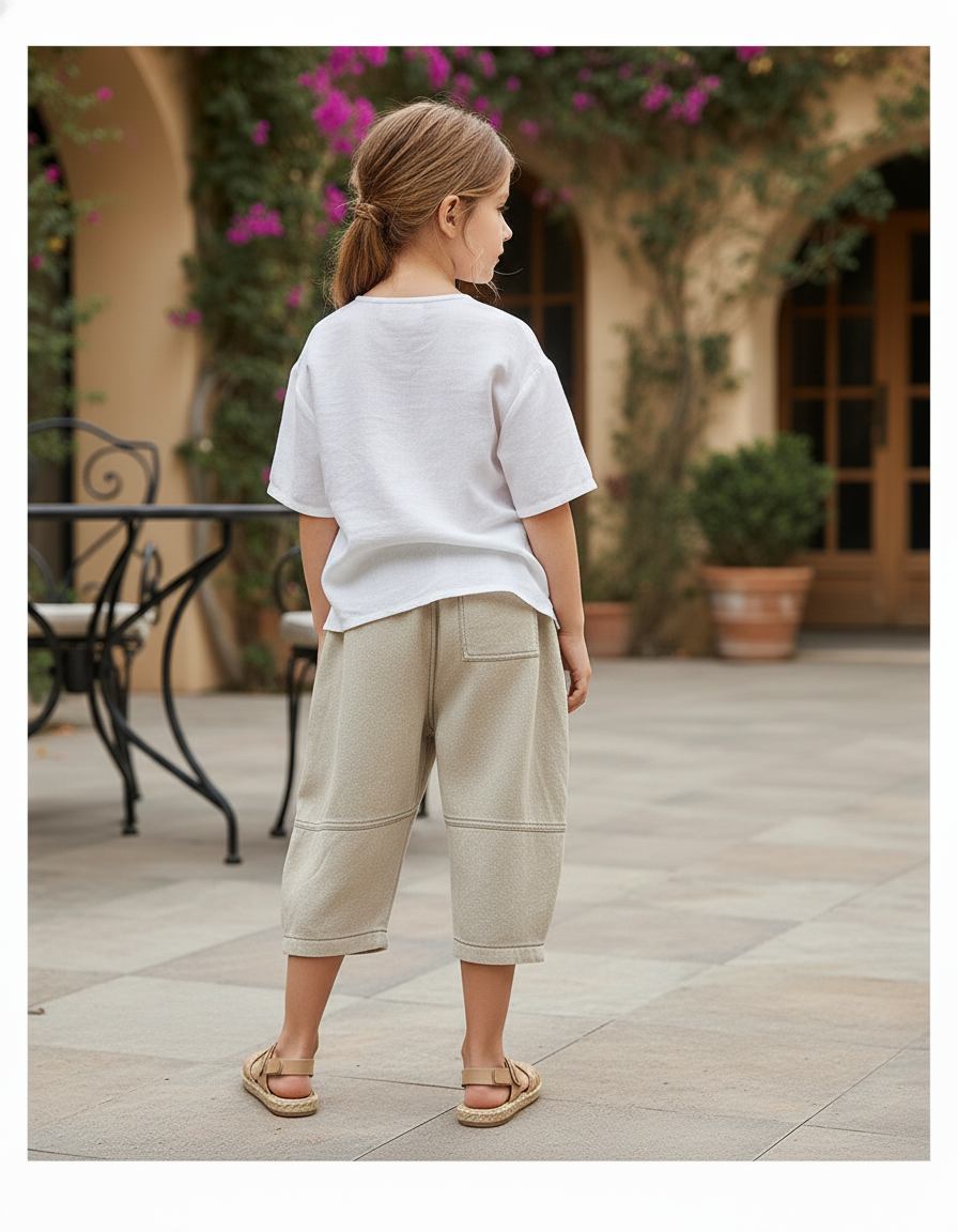 Pantalon En Lin Enfant Ample Décontracté Beige - vue 2