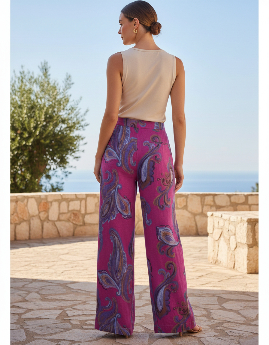 Pantalon En Lin Fuchsia Imprimé Paisley Ample Fluide - vue 2