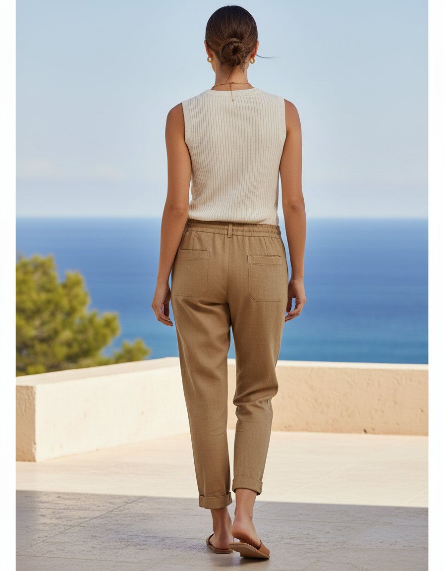Pantalon En Lin Kaki Fuselé Cordon Décontracté Femme - vue 2