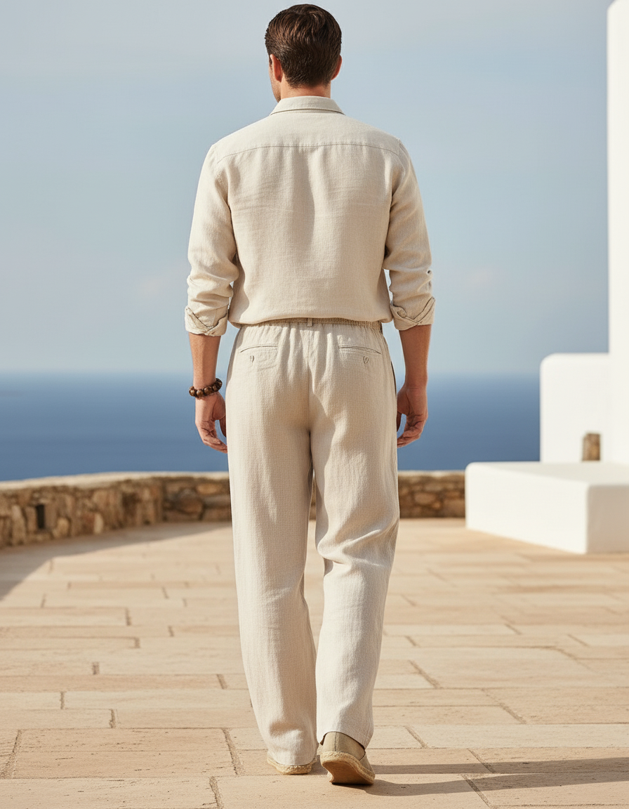 Pantalon En Lin Beige Ample Cordon Homme Décontracté - vue 2
