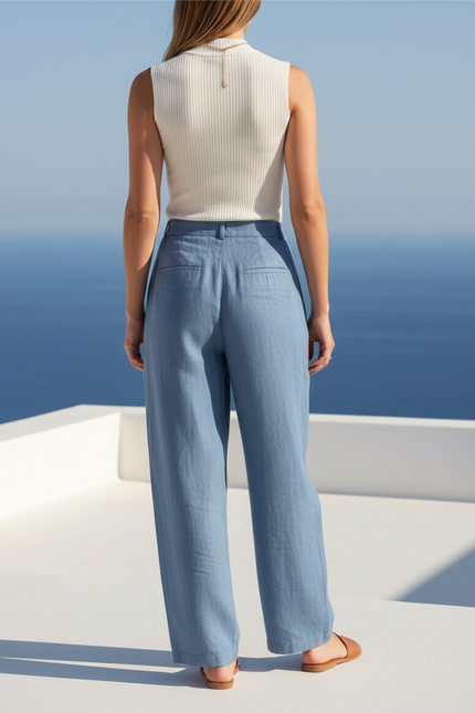 Pantalon En Lin Bleu Ample Plissé Taille Haute Fluide - vue 2