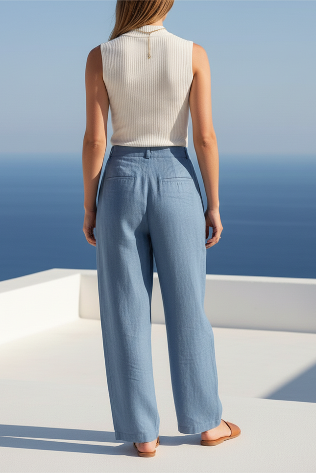 Pantalon En Lin Bleu Ample Plissé Taille Haute Fluide - vue 2